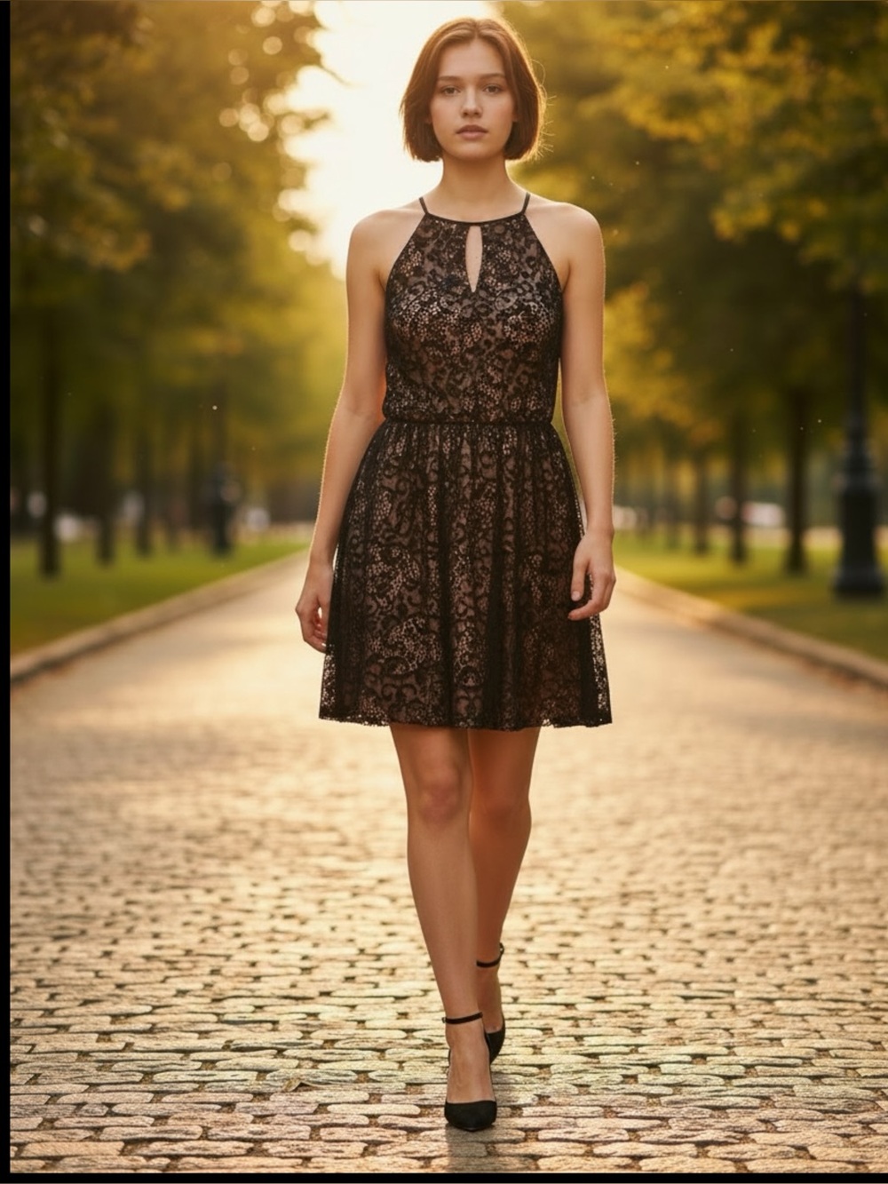 Black Lace Mini Dress With Gold Underdress - Elegant Cut In Sleeveless Design
